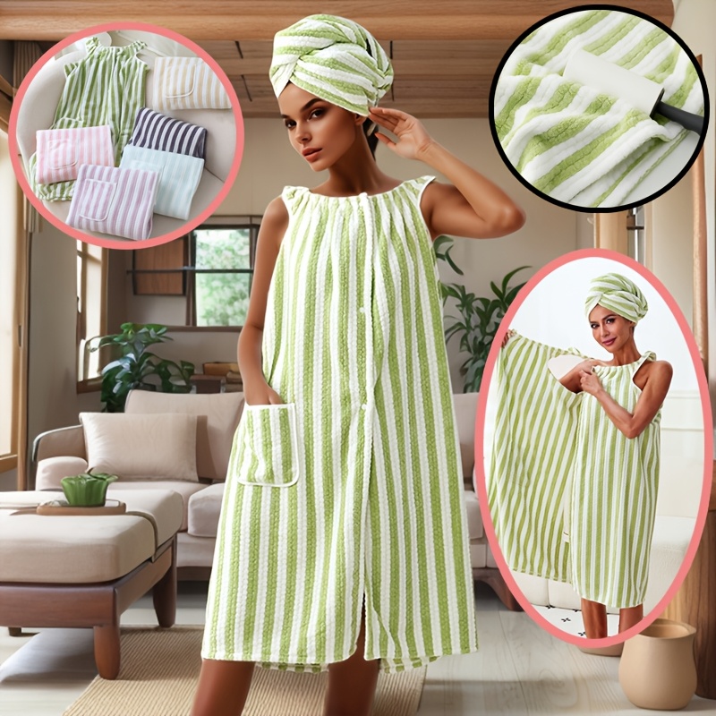 

Luxurious Striped Wearable Bath Towel Skirt With Pockets - Quick-dry, , Soft Polyester, Ideal For Home & Travel Use -