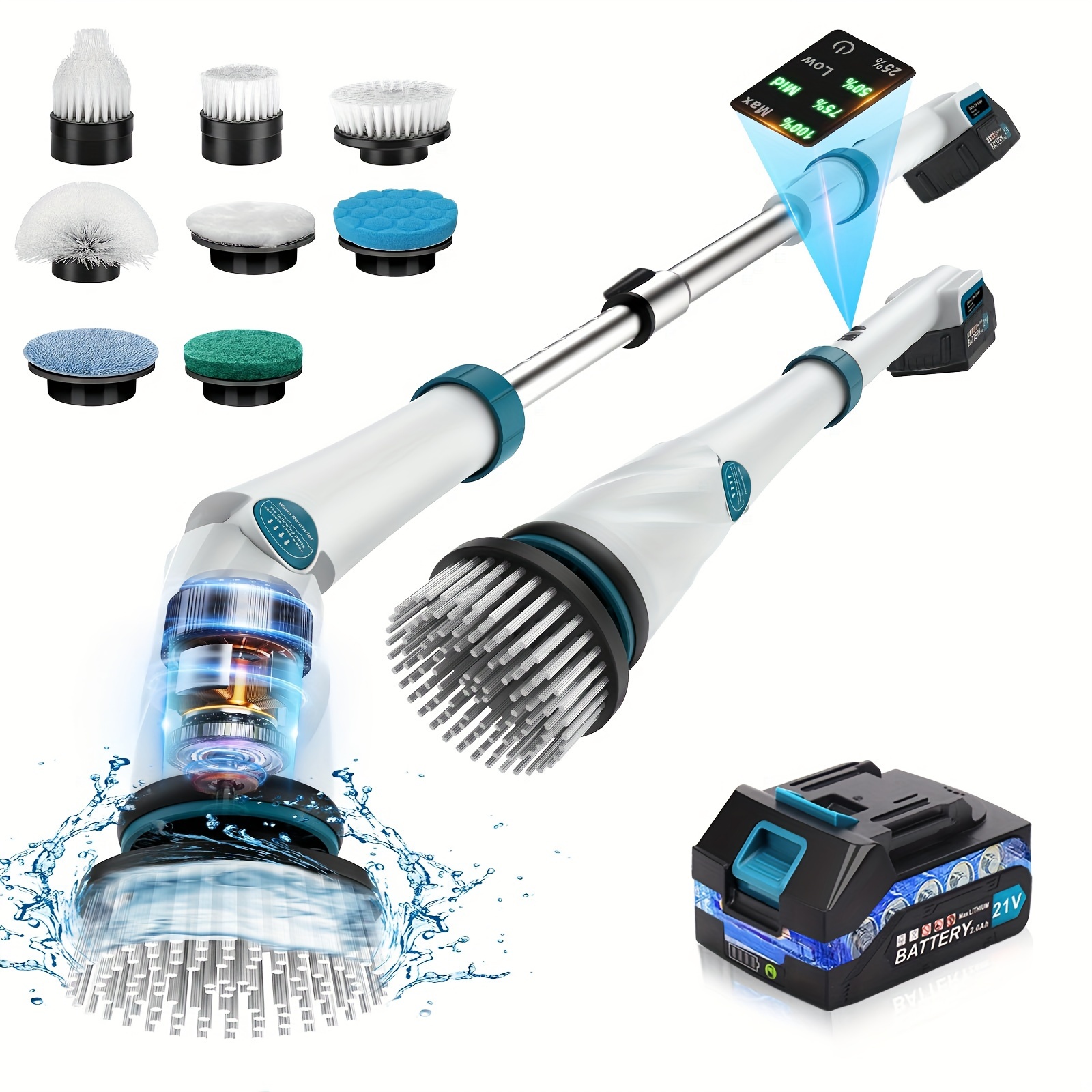 

Battery Electric Scrubber For Cleaning Bathroom, 1200rpm 21v Spin Scrubber Electric For Cleaning, 50'' Cordless Scrubber W/ 8 Brushes For Tub Floor