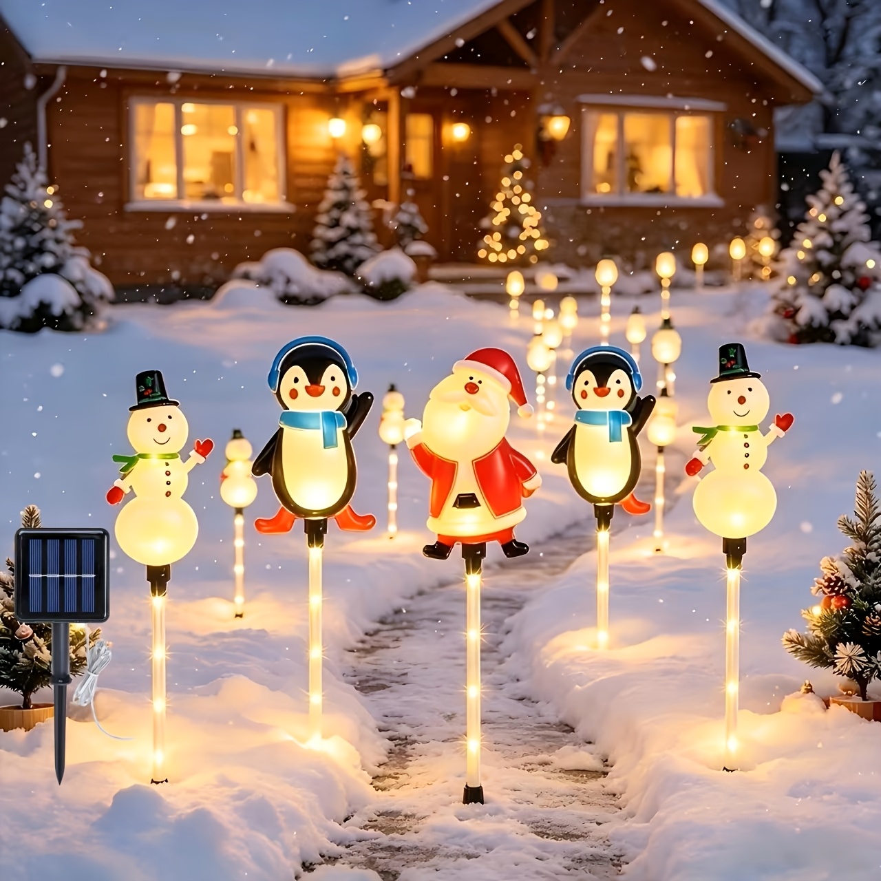 TEMU Christmas Solar Lights, Santa Claus, Snowman, And Penguin Shaped Street Lights, Ip65 Led Outdoor Courtyard Lawn Led Decorative String Lights