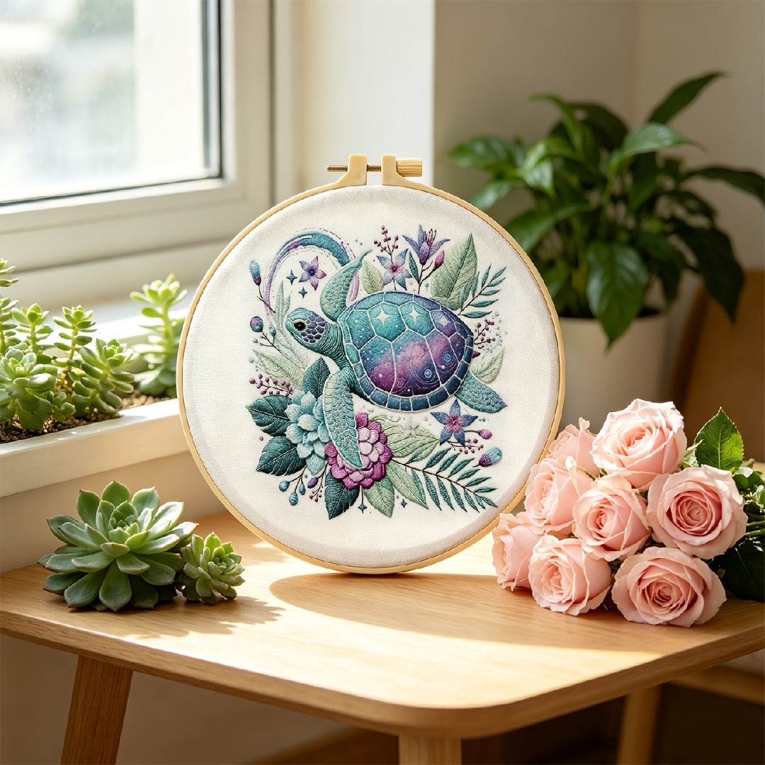 TEMU Kit de broderie pour adultes débutants, motif floral de tortue, kit de démarrage de broderie à . Ce kit comprend une toile de broderie à , un