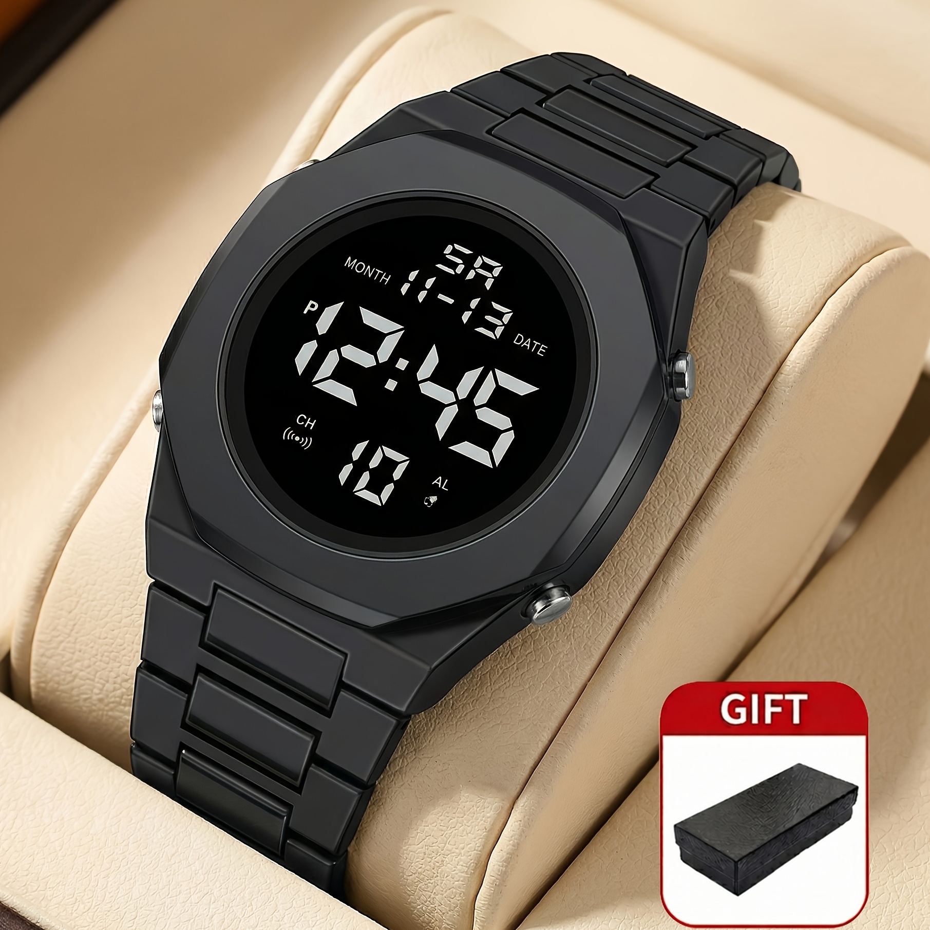 TEMU 1pc Men's Black Tape -garde Minimalist Digital Display Multifunctional Quartz Watch
