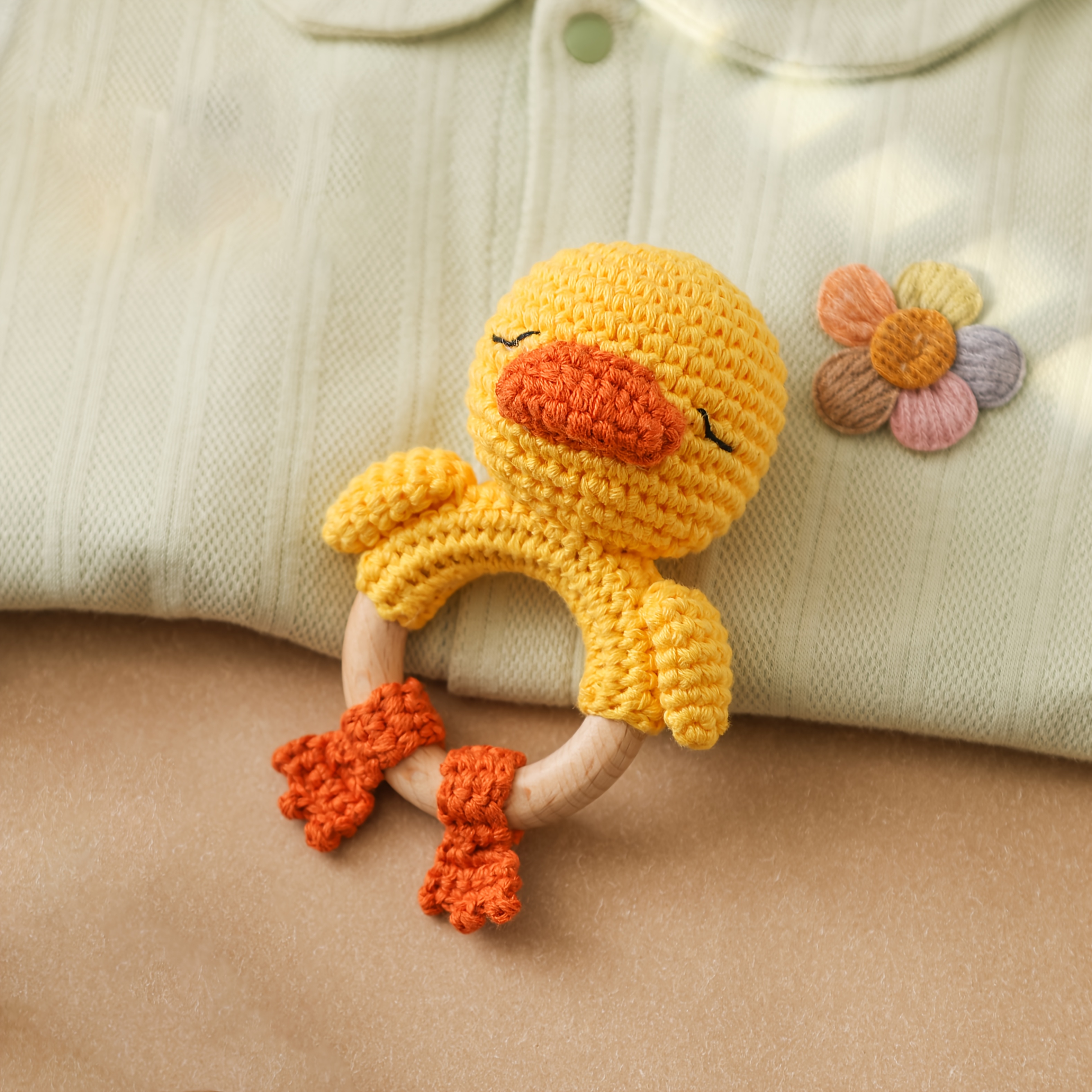 Hand-Knitted Duck Rattle with Built-In Bell