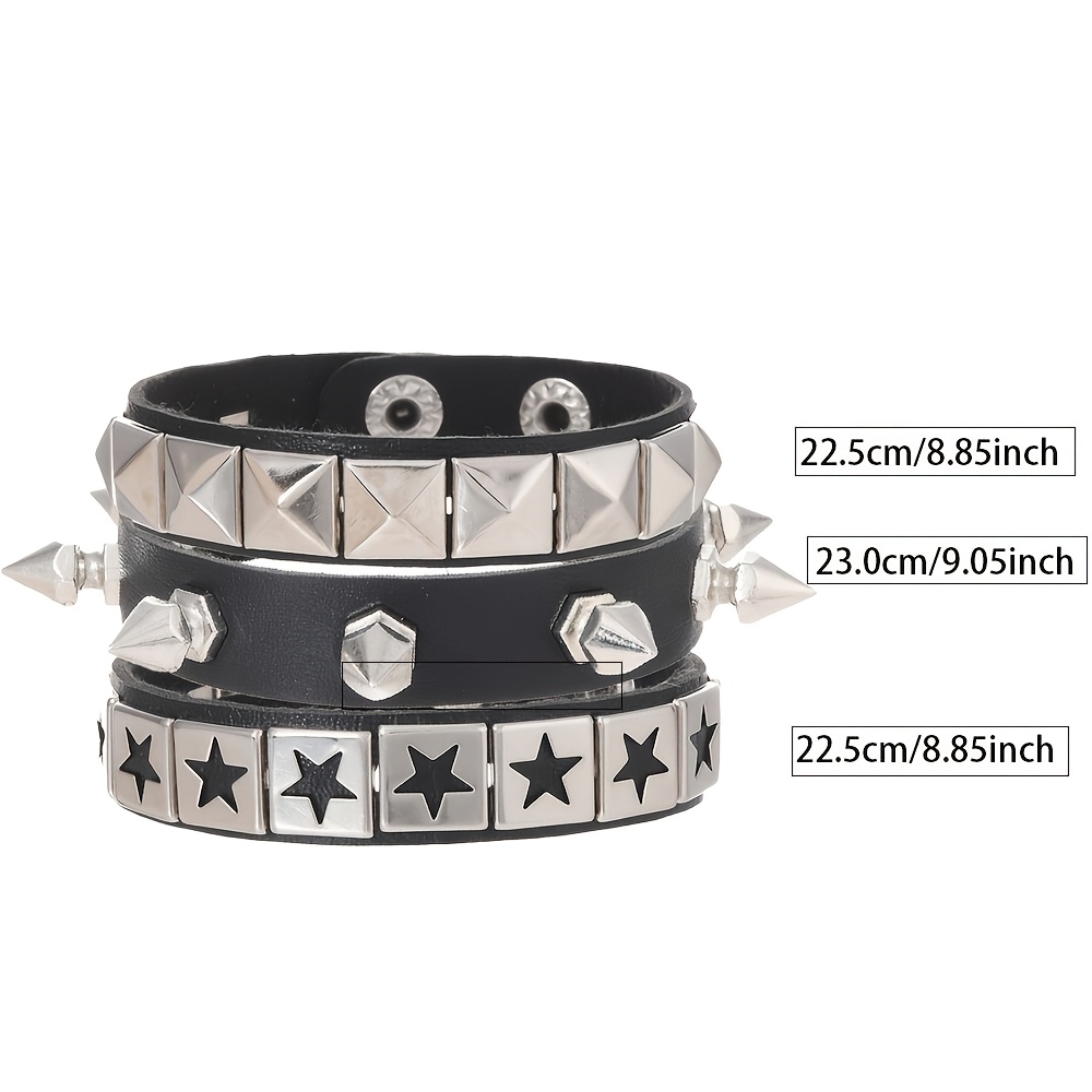 TEMU Ensemble de 3 bracelets style punk, inspirés du rock, avec étoiles à clous, fermeture à bouton-pression, unisexe, accessoires de tous , pour