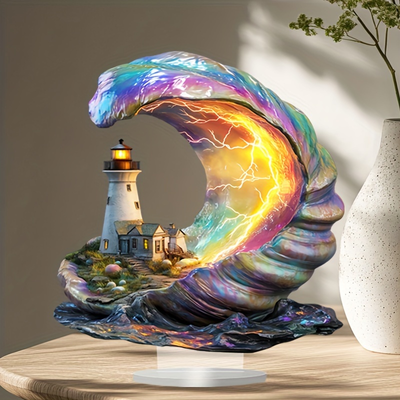  acrylic lighthouse in shell tabletop decor bohemian plaque for home porch room decor unique christmas gift 8x7 inch details 3