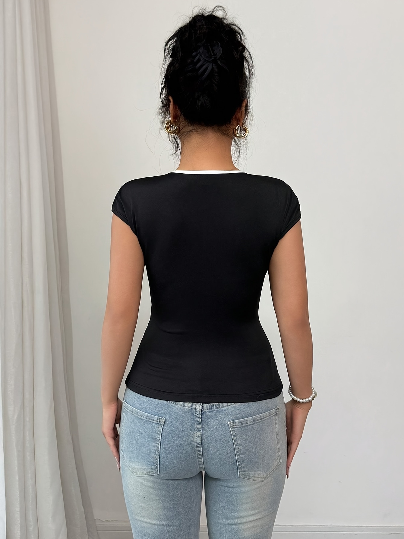 womens fit black contrast trim t shirt elegant solid Temu Saudi