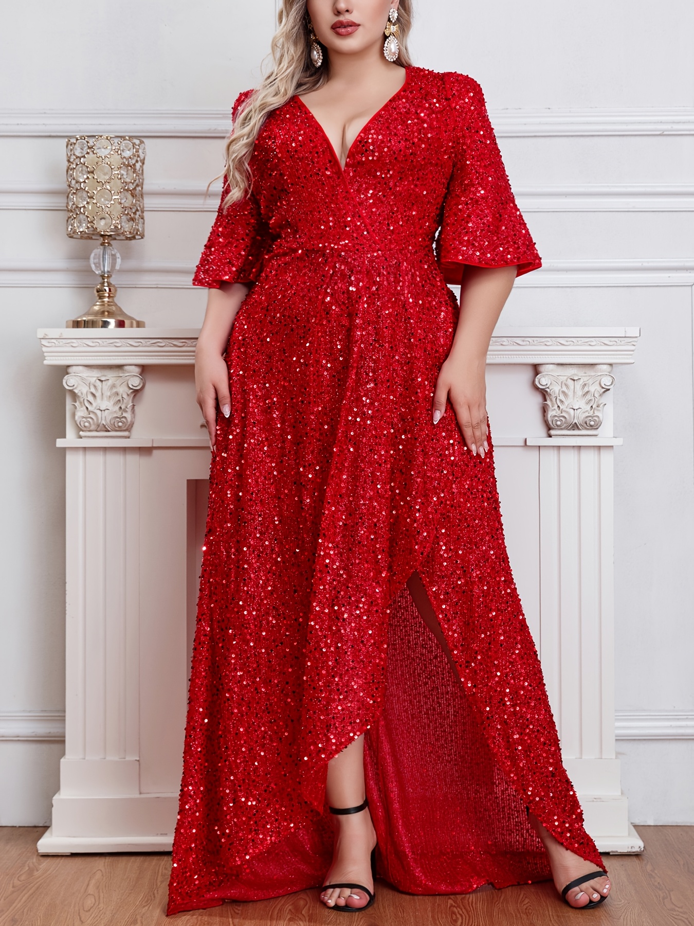 Plus Size, Solid Color High-End Beaded Ruffle Irregular Plus Size Dress