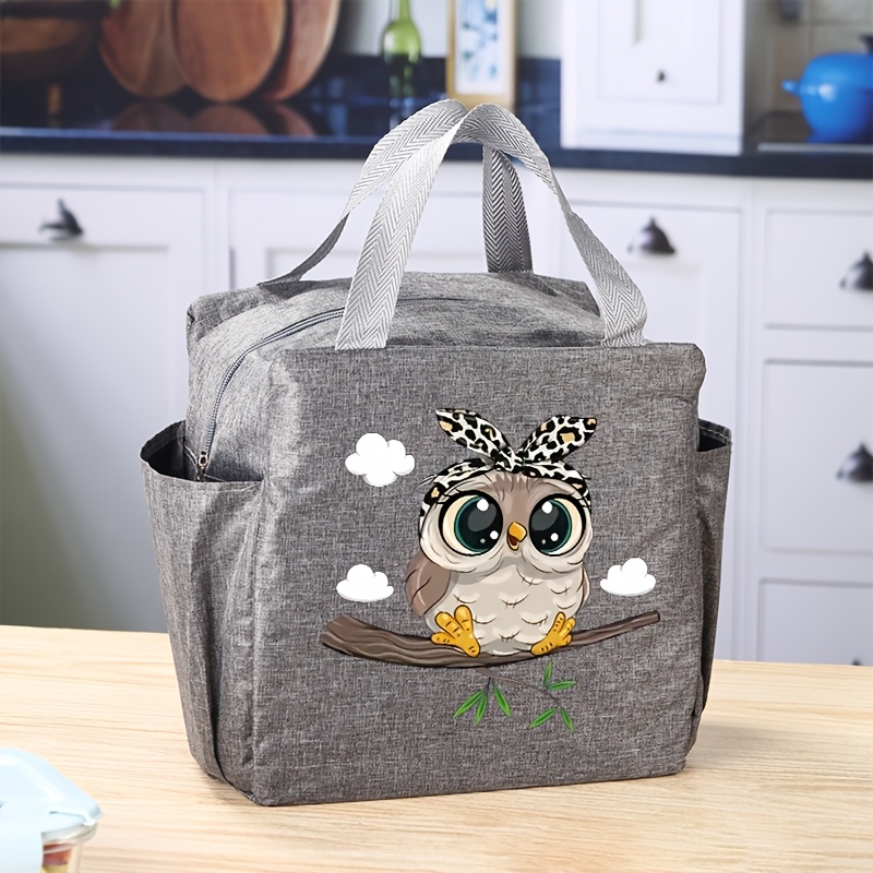 TEMU Lunch Bagâ Fun Owl On Branch â Nature-inspired Art With Aluminum Foil Lining, Unisex Design Featuring Spacious Meal-prep Storage In Black/gre