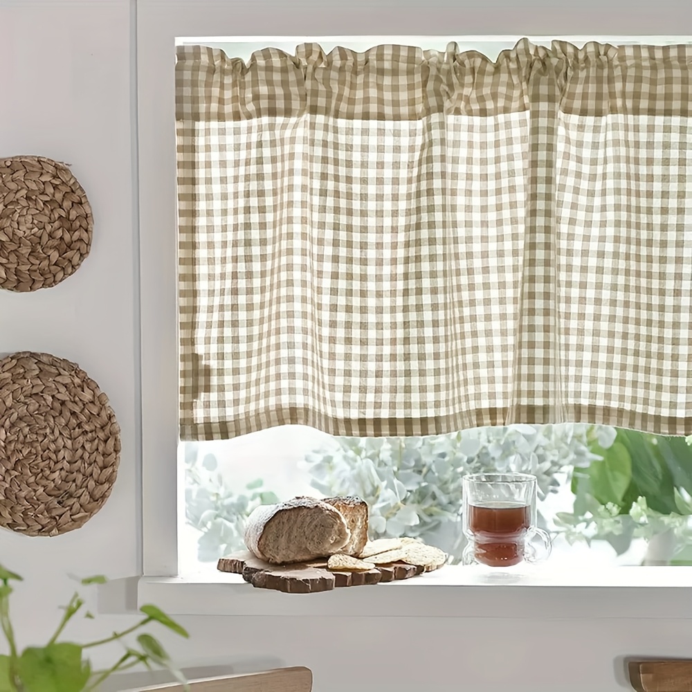 Image of 1pc Japanese Retro Light Brown And White Checkered Coffee Curtain, Semi-blackout Rod - Living Room, Bedroom, Kitchen, Farmhouse, Or B&b Window Decor