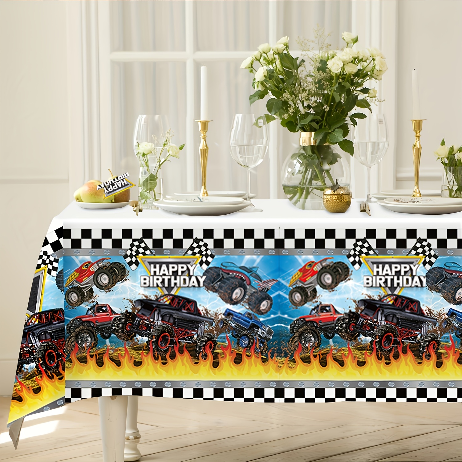 TEMU Truck Plastic Tablecloth 42.5 X Inch Long Rectangular Table Cover For Buffet, Wedding Decorations, Summer Decoration, Decor For Outside, Decor,