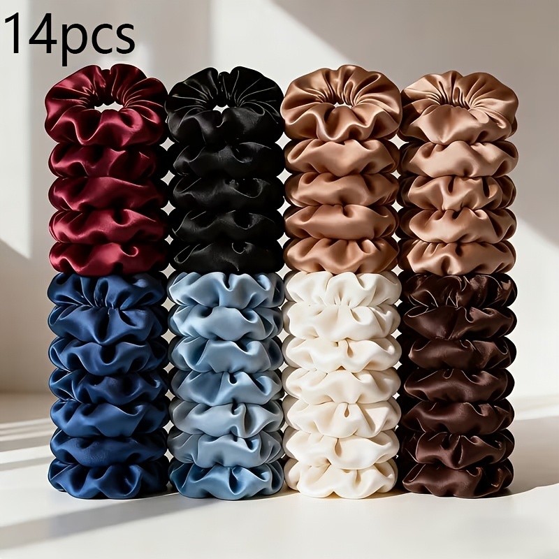 E-shop Ein Set aus 14 dunkelfarbenen Satin-Haargummis, die Eleganz ausstrahlen, geeignet für Pferdeschwänze, Duttfrisuren und verschiedene