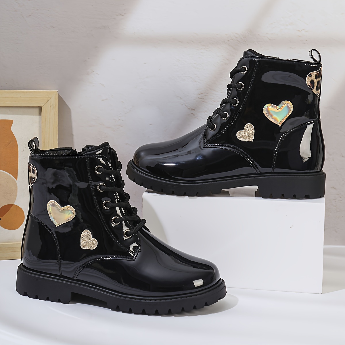 

Bottes tendance à motif cœur mignon avec fermeture éclair latérale pour filles, bottes antidérapantes et résistantes à l'usure pour l'automne et l'hiver