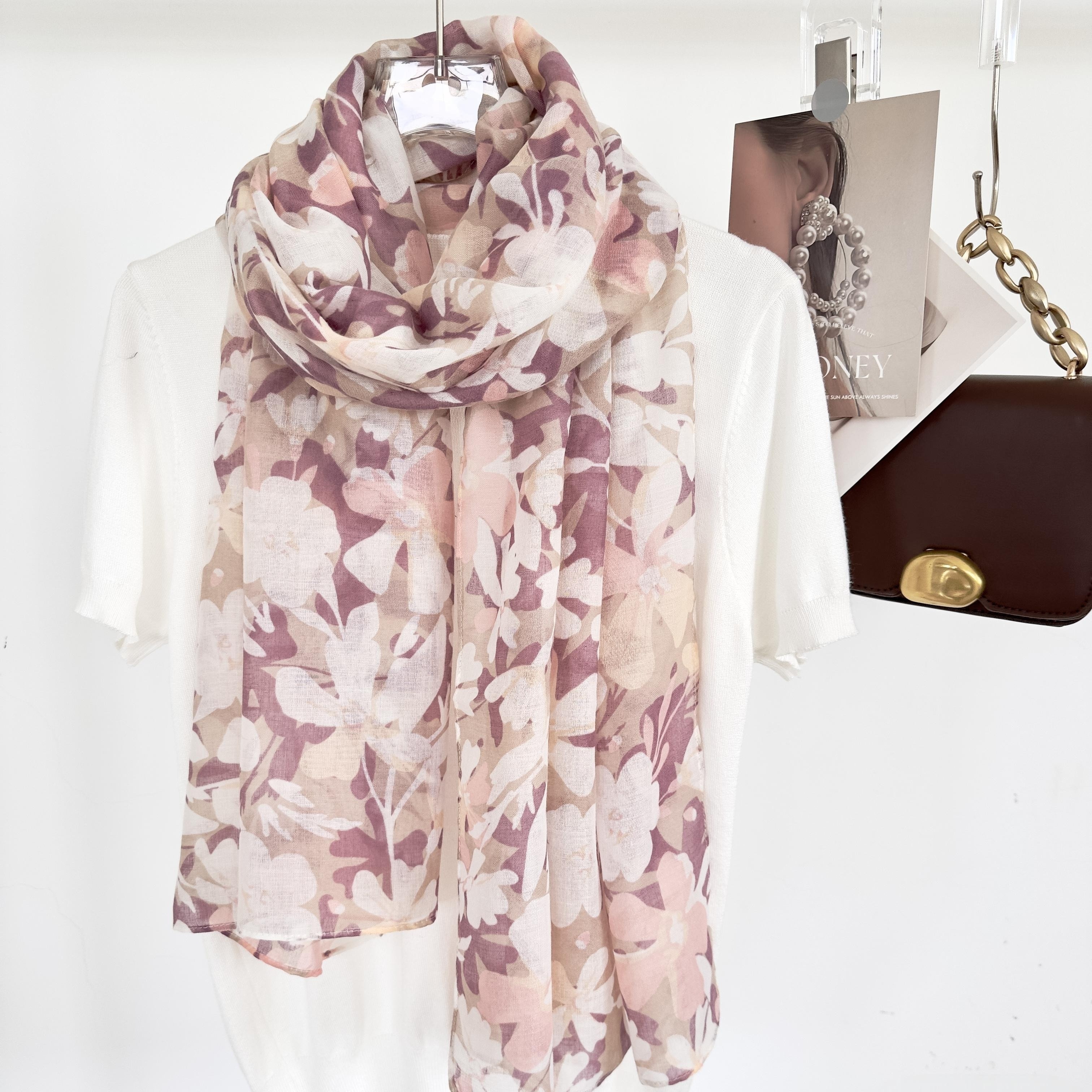 Image of 1pc Pink Purple Floral Print Chiffon Scarf, Women's Summer Travel Shawl, Beach Vacation Sunshade Beach Towel