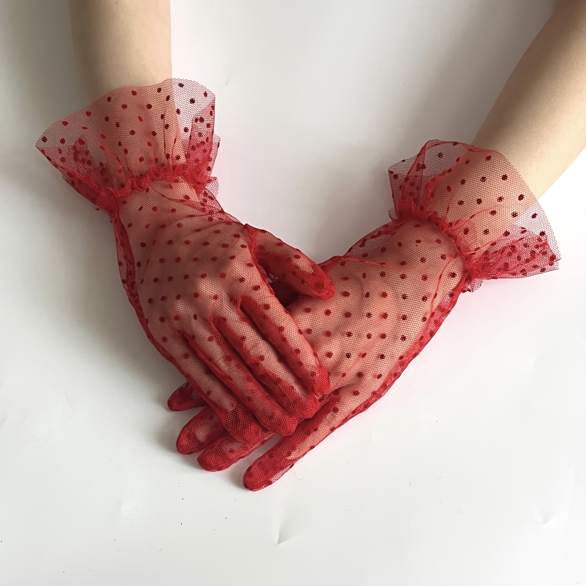 TEMU 1 pièce Gants pour femme en de gaze , mitaines courtes amples en tulle de dentelle transparent à pois noirs et blancs, à doigts complets et -UV