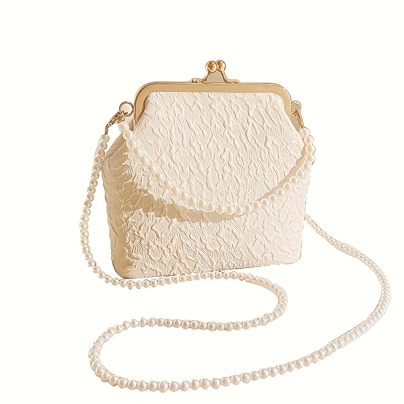 TEMU Elegant Qipao Style Mini Handbag 2025 New , Pvc Crossbody Bag With Chain Strap, Kiss Lock Closure, Polyester Lined, Versatile Mobile & Makeup Pouch For Women - Black/beige