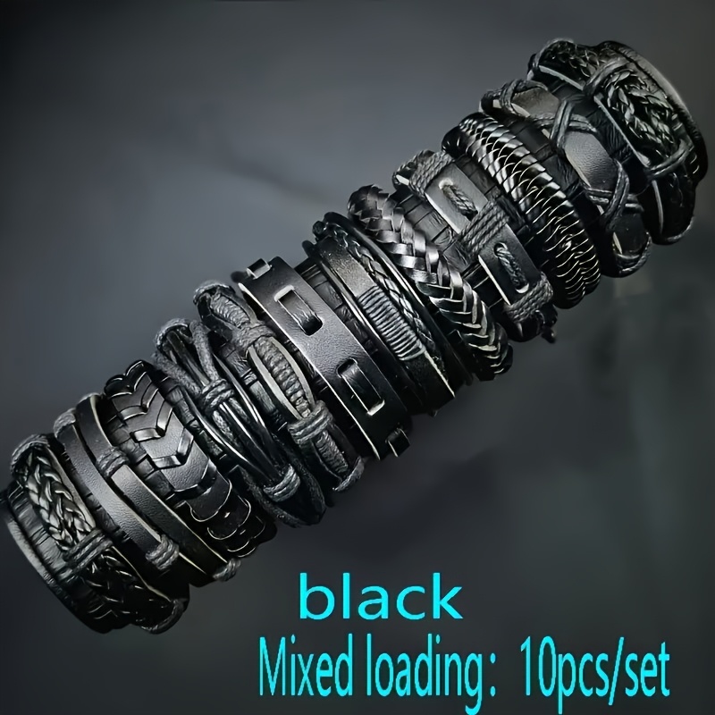 Image of 10pcs/set Autumn And Winter Mixed Versatile Handmade Pu Leather Braided Multilayer Men's Outdoor Wear Gift Set Jewelry