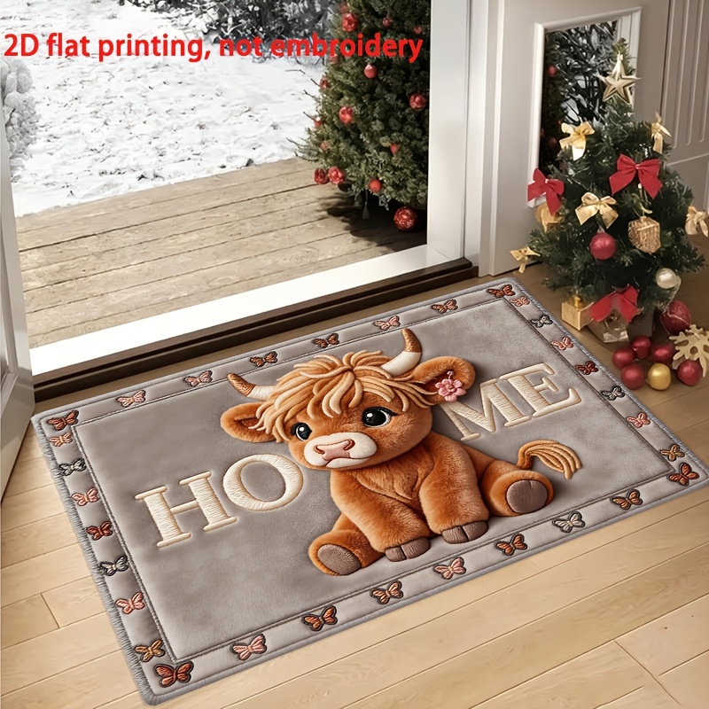 TEMU Cute Cartoon Highland Cow Indoor Welcome Doormat, Pet Feeding Mat Entryway Non-slip Rug-machine Washable, Kitchen Rug Room Decor, Easy To Clean,