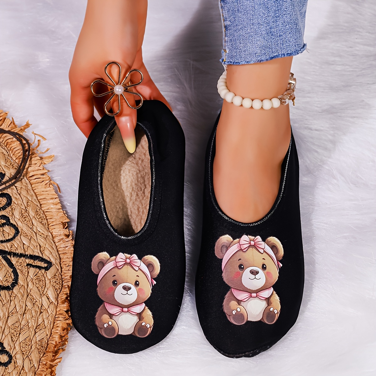 Image of Women's Slip- Bear Print Dance Sneakers - Soft Sole Comfortable Indoor Floor Shoes Suitable For Dance Practice, Casual Wear & Home Use - Machine Washable Fabric (bear Pattern), Women Shoes
