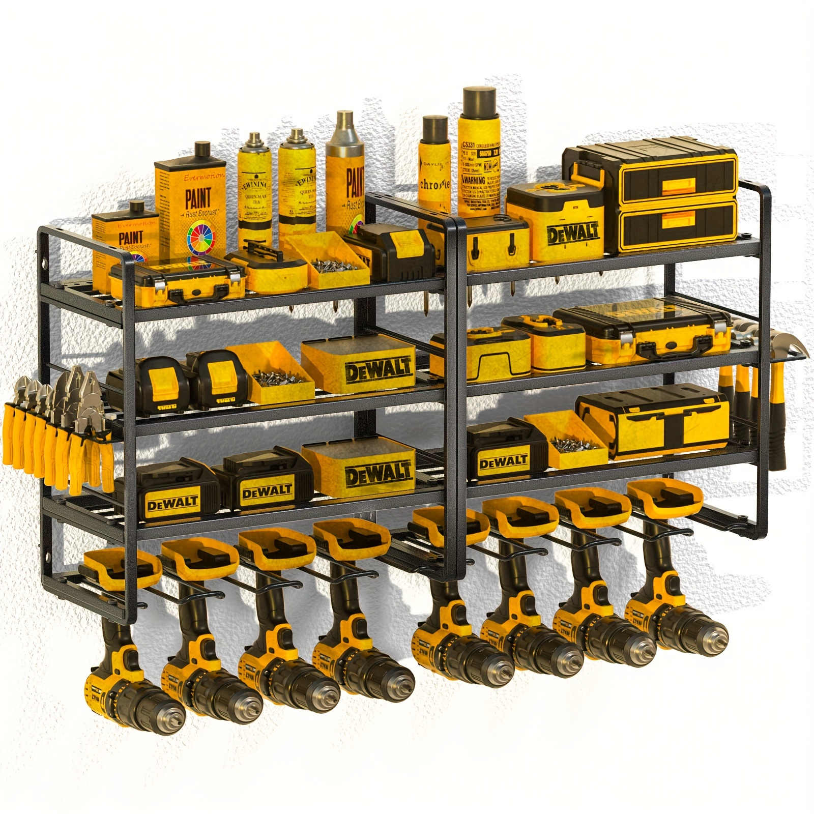 TEMU Quick 15-minute Assembly Power Tool Organizer, Heavy-duty Metal 150lb Load, 8 Slots, 4 Shelves For Cordless Drills In Garage/workshop/pegboard/shed For Father's Day