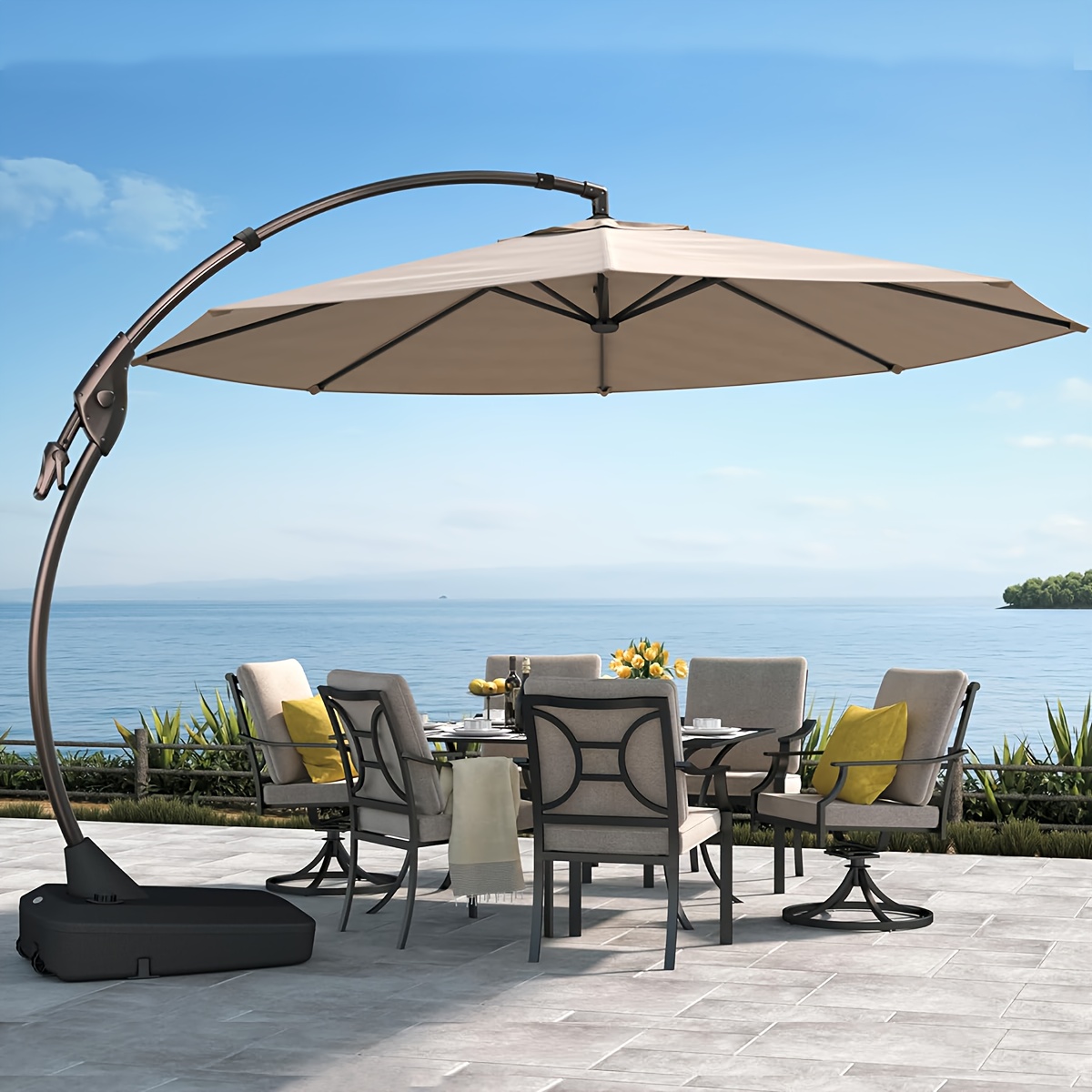 10 ft patio umbrella base OLILAWN 10ft Patio Umbrella with Base Included, Large Cantilever Outdoor  Umbrella with 360°Rotation & Infinite Tilt, Champagne-ol-ht039