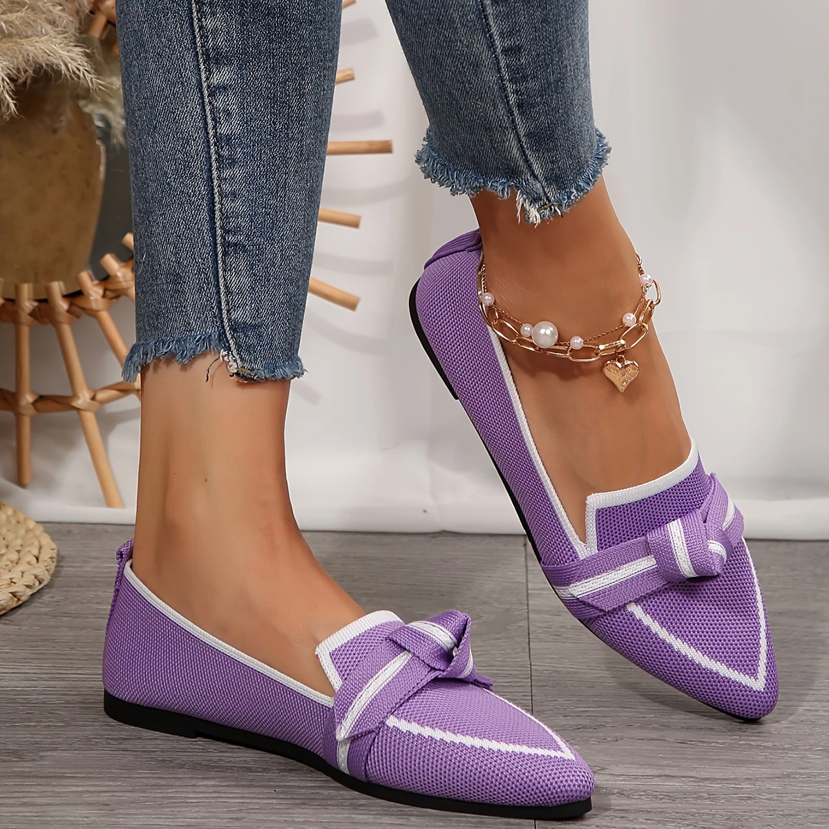 womens elegant purple flats lightweight slip on with pointed toe fabric upper rubber sole shoes casual footwear stylish able footwear details 2