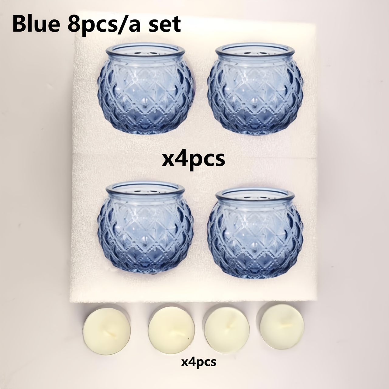 Image of 8pcs Candlestick Set, Including 4 Blue Quadrilateral Round Glass Candlesticks And 4 Candles, Suitable For Wedding Home Decoration, Tea Light Candlesticks, Birthday Parties, And As Gifts