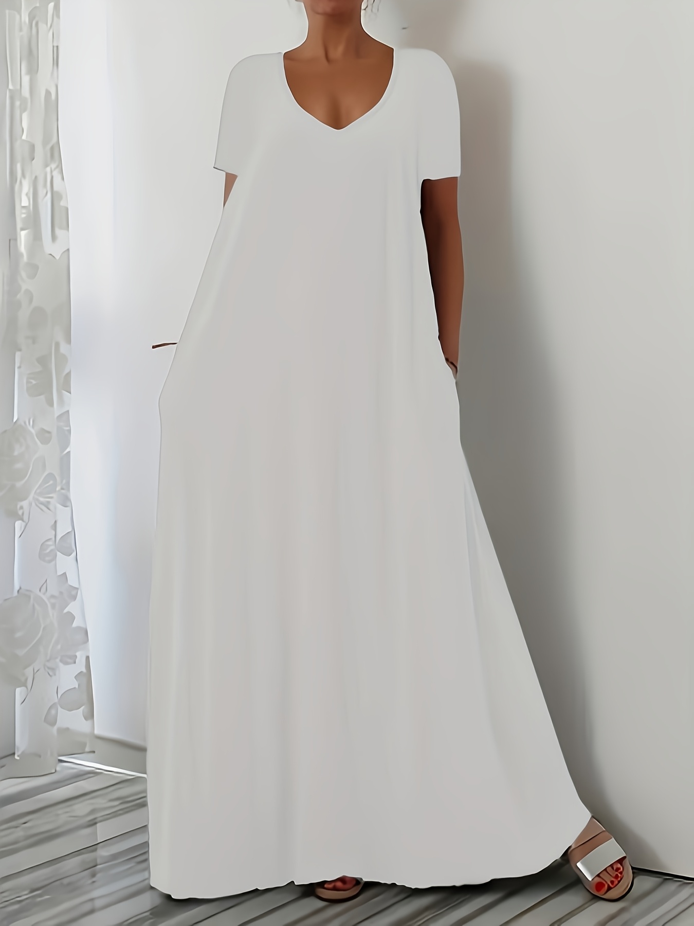 womens casual summer v neck short sleeve maxi dress solid Temu