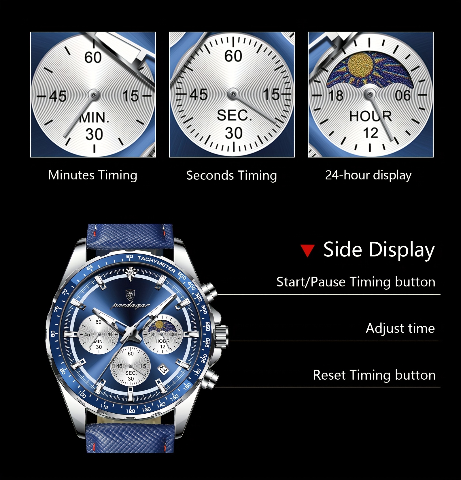 Luxury Leather Waterproof Men'S Watch | Casual Style, Color, 3ATM Water Resistance, Quartz Movement, Non-rechargeable Battery, POEDAGAR Brand