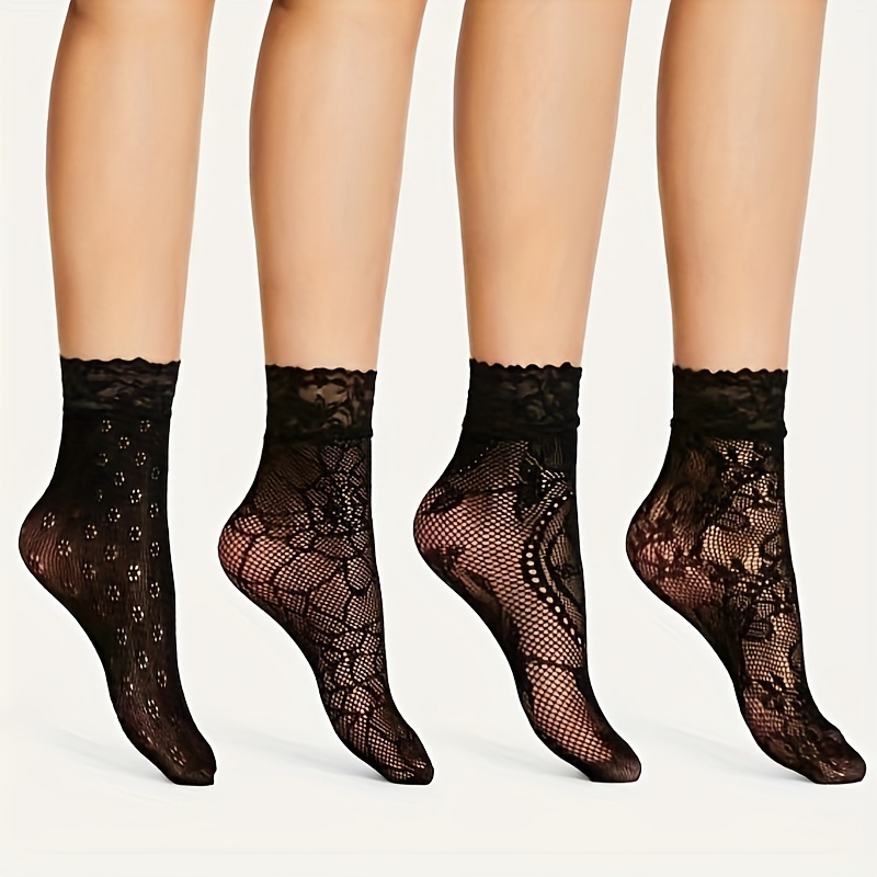 

4 Pairs Lace Mesh Invisible Socks, Comfy & Breathable Short Socks, Women's Stockings & Hosiery