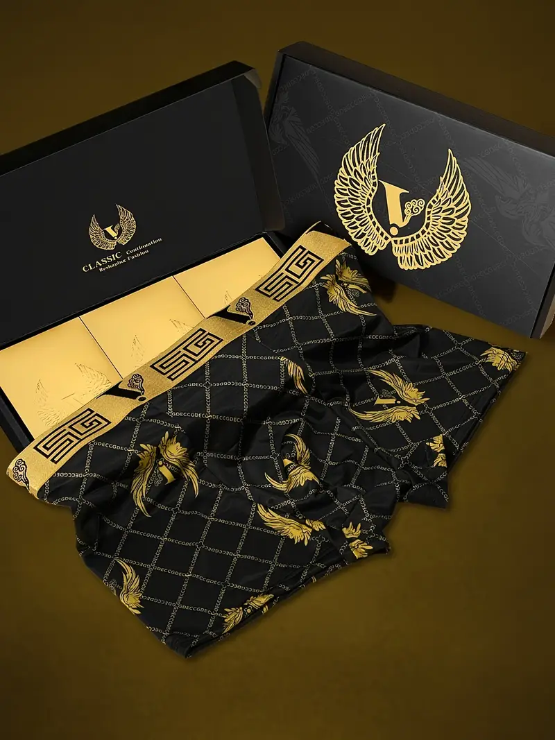 black package stylish series 3pcs mens chain print boxer briefs comfy antibacterial luxury underwear set as gift details 0