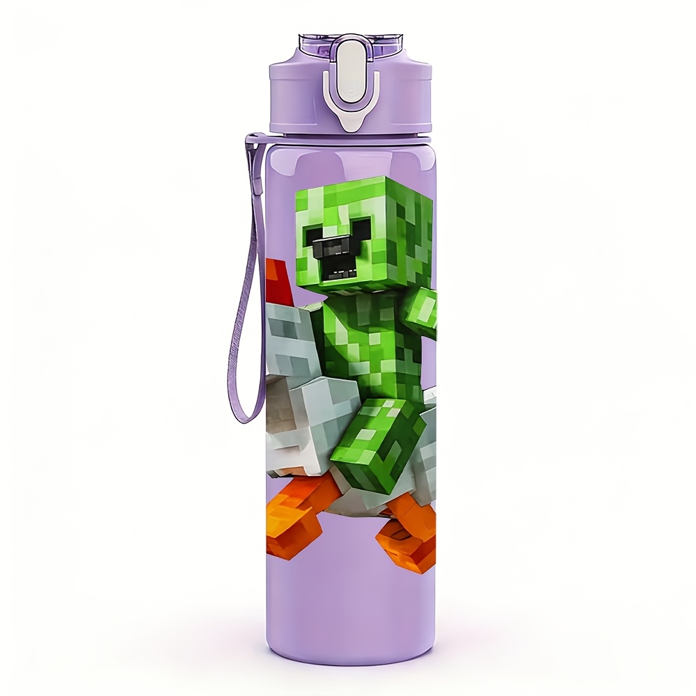 TEMU 1pc Block-based Game Creeper Riding A Chicken, 750ml/26oz Colorful Plastic Sports Water Bottle, Cute Print, Leak-proof With Pop-up Lid, Suitable