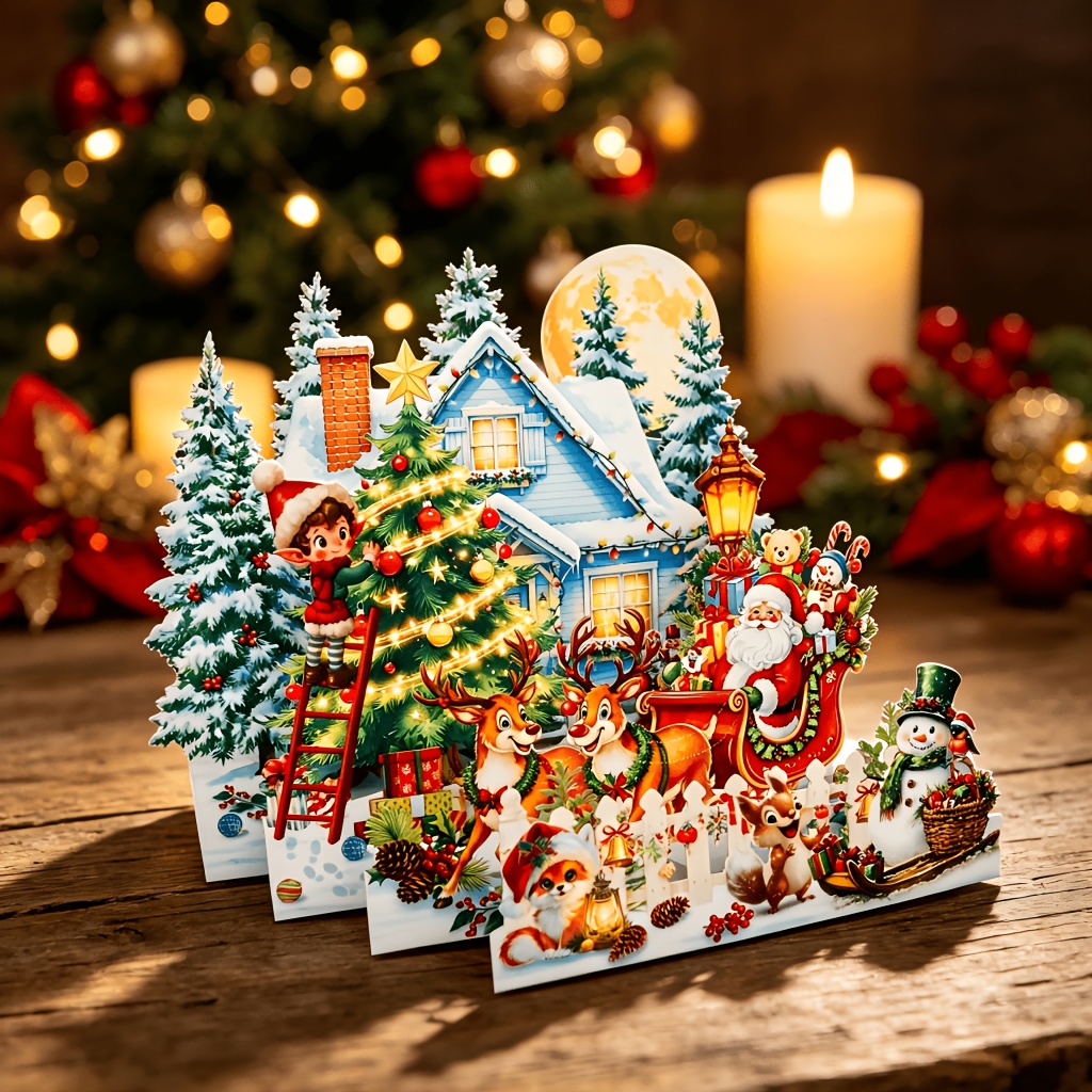 TEMU 1pc 3d Pop-up Christmas Card, Scene, Pop-up Greeting Card With Warm Lights, Holiday Xmas Gift Card For