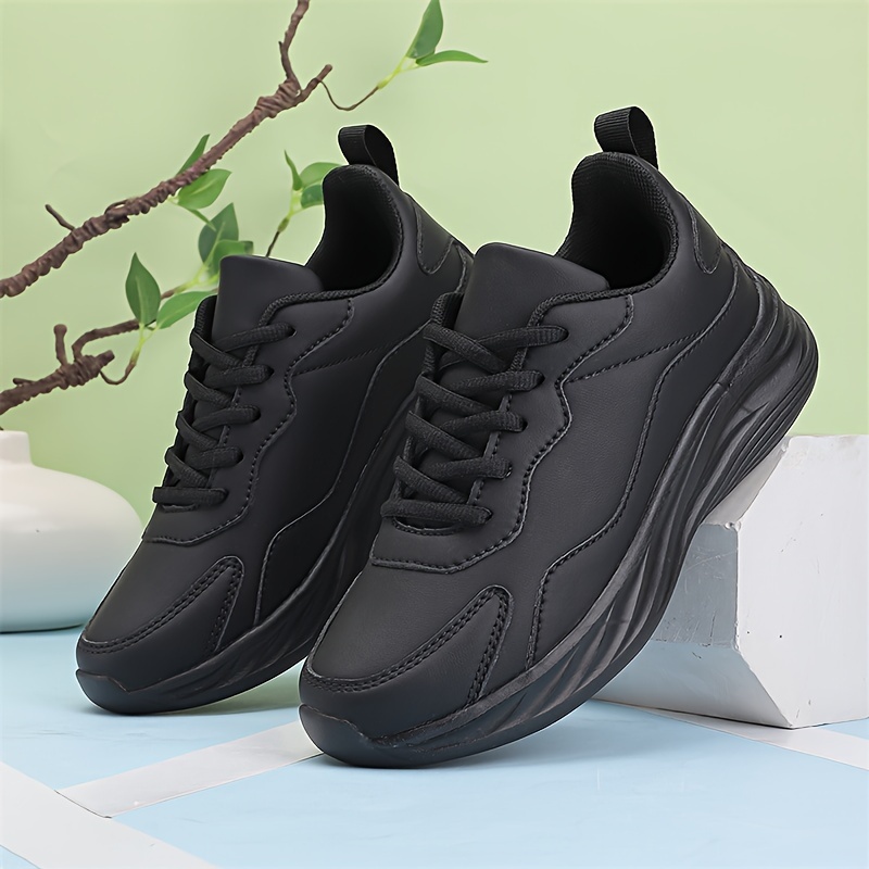 Black Faux Leather Sneakers Lightweight Comfort Running Shoes With Soft Sole For Temu