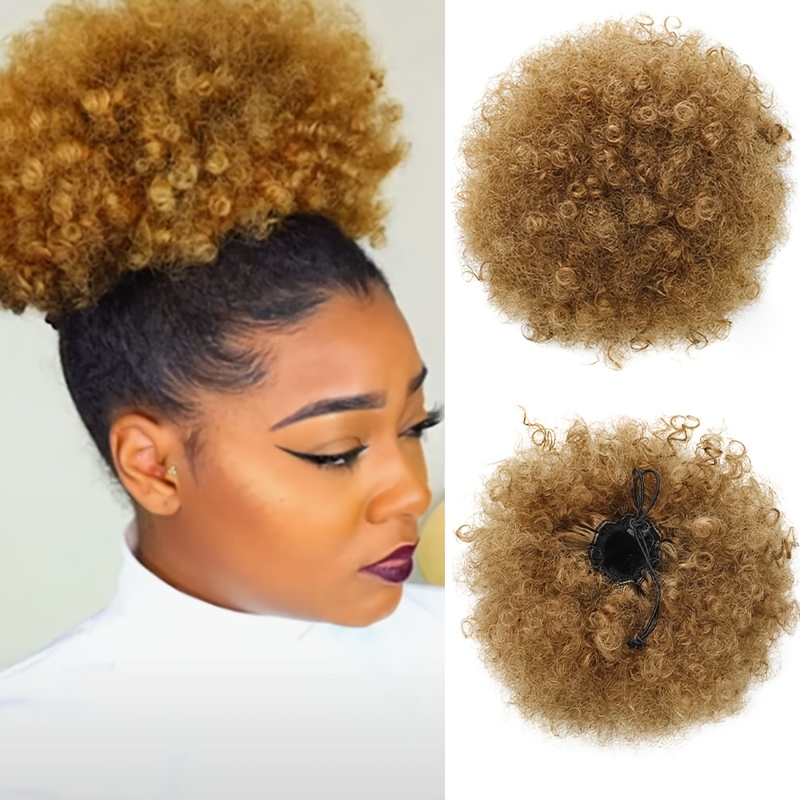 TEMU Peluca de de Cabello Sintético Afro y , Fibra de , Corta, Moño Afro con Cordón para Mujeres