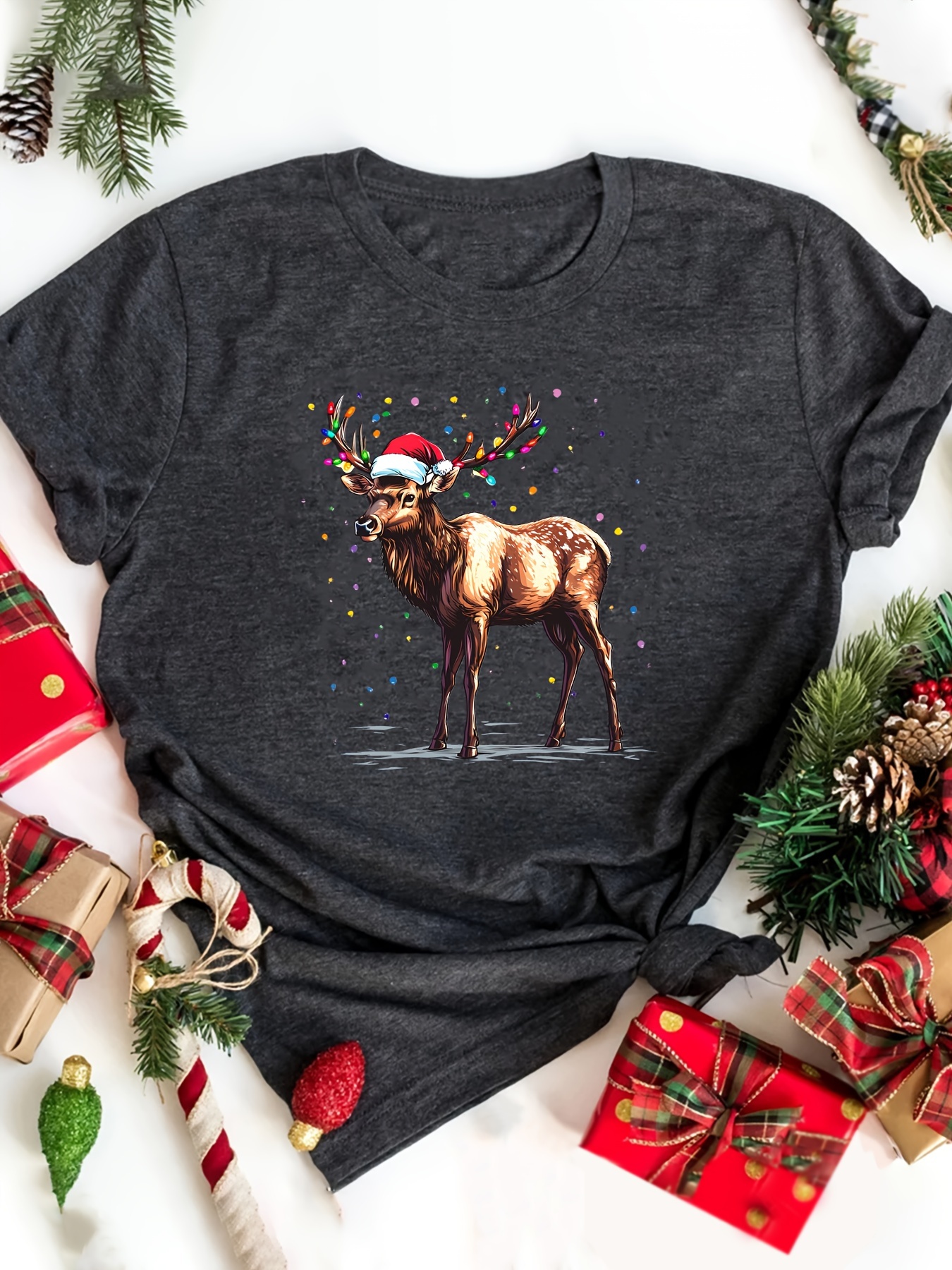 T-shirt Femme Imprimé Renne - Manches Courtes, Taille S, Coton, Neuf Sans étiquettes