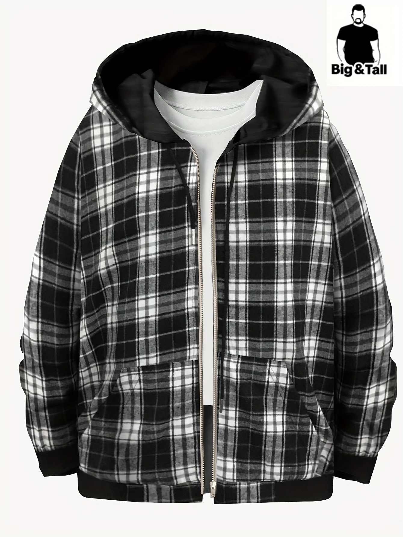 College-Jacke für Herren in Übergröße, kariert, mit Kapuze, dick gefüttert  mit Fleece, durchgehender Reißverschluss, warme Oberbekleidung für den