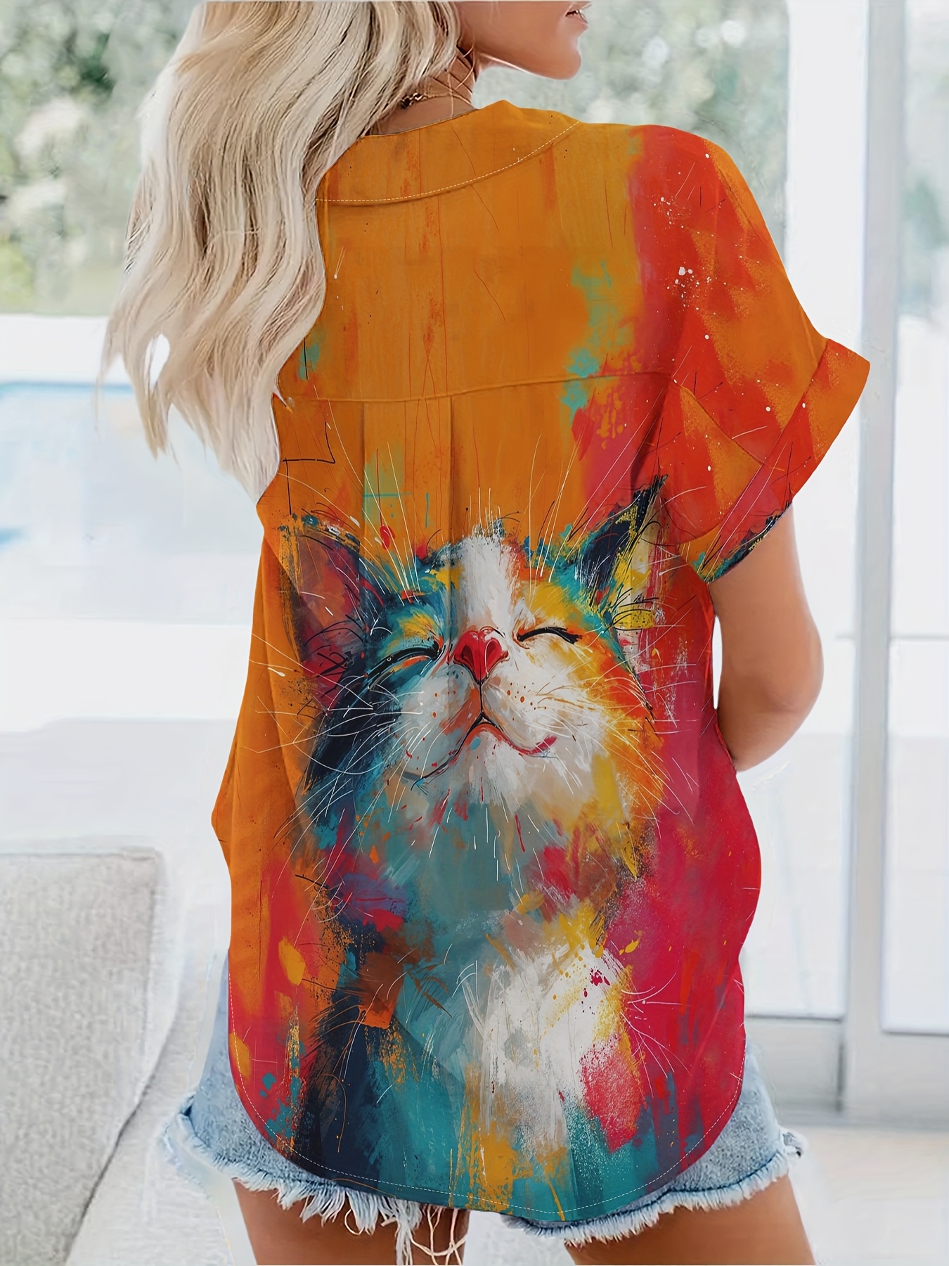 women's vibrant cat print short sleeve button shirt colorful
