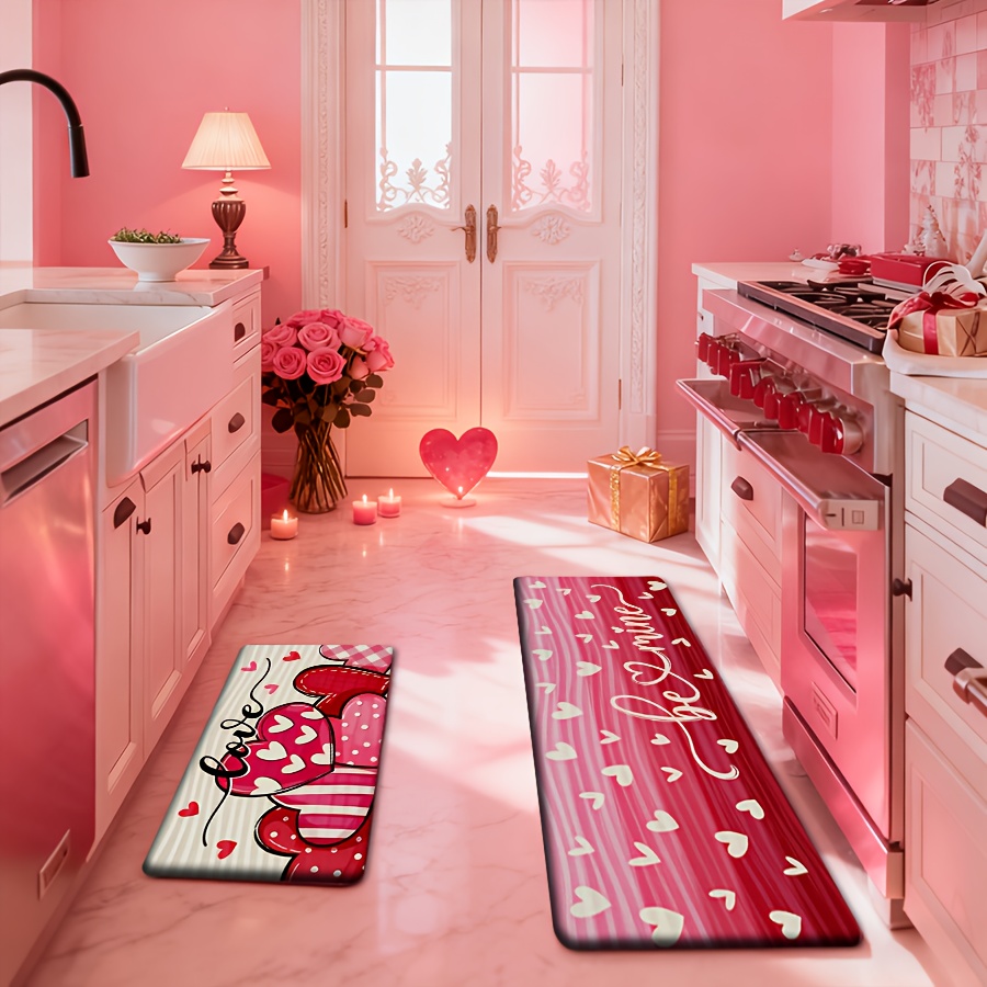 TEMU Ensemble de tapis de cuisine pour la Saint-Valentin, flanelle + éponge de 1 cm d'épaisseur, motif cœur , à pois rouges et blancs et à rayures,