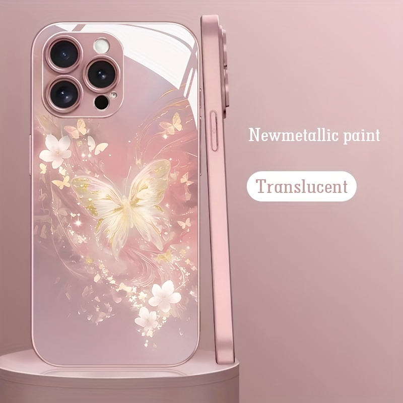 

Butterfly Pattern Tempered Glass Case For 15/14/13/12/11/xs Max/xr/xs/x/7, Shockproof Protective Cover With Metallic Paint And Translucent Design