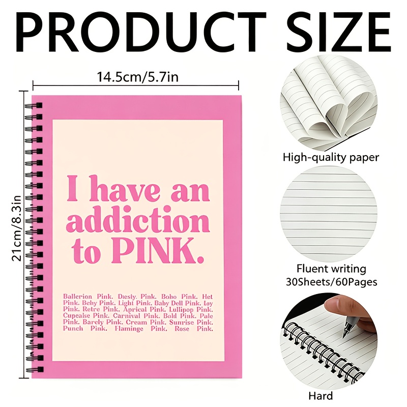 TEMU 1 Stylish Pink Spiral Notebook - 60 Ruled Pages (); Aesthetic Office Supplies For Women & Desktop Accessory; An Christmas Or Birthday Gift For