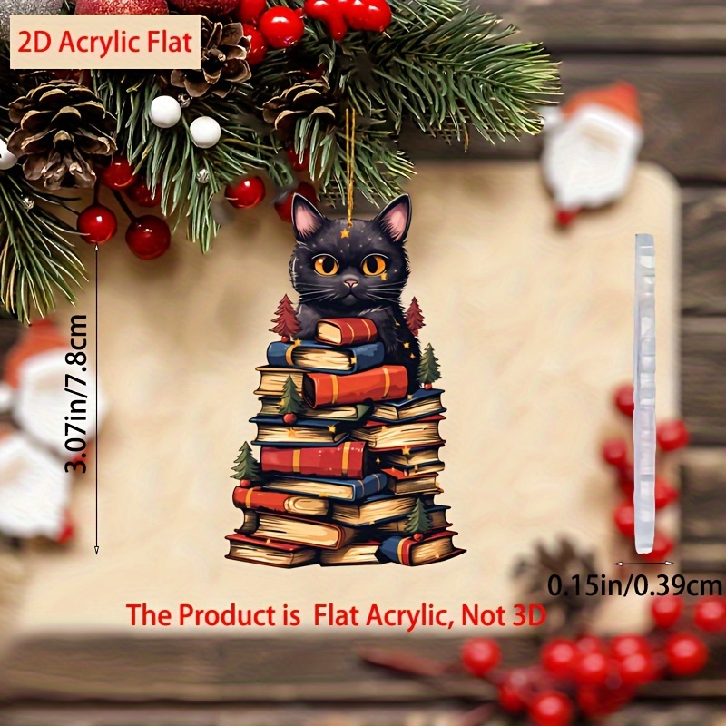 

Christmas Cat & Books - 2d Hanging Decor For Car , Keychain, &