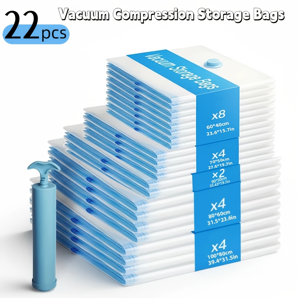 Image of 22pcs Vacuum Compression Storage Bags Set With Hand Pump, Vacuum Storage Bags, Wardrobe Storage And Organization, For Sheets, Blankets And Clothes, Ideal For Storing Winter Clothes