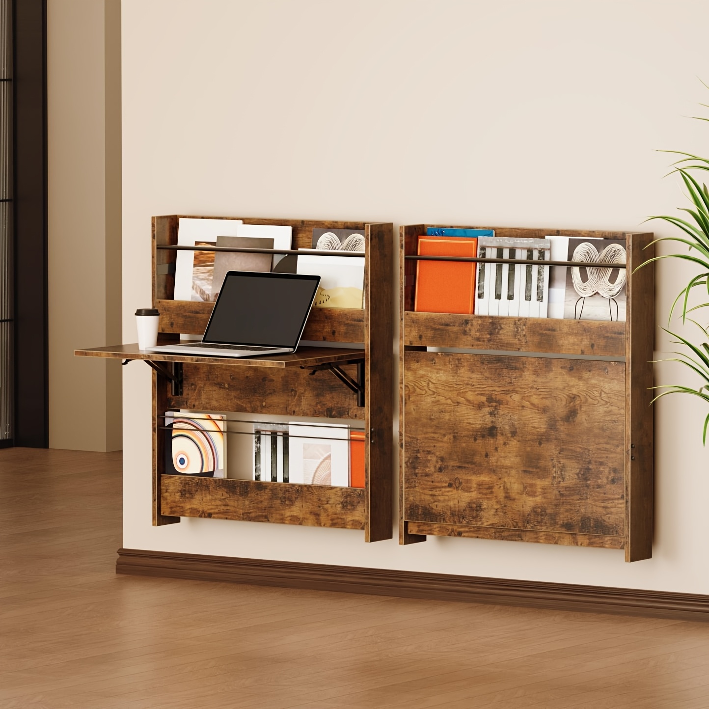 9.5" Modern Farmhouse Floating Desk with Storage - Space-Saving Wall-Mounted L-Shaped Foldable Computer Desk, Hardwood Construction with Open Shelves & Practical Drawers, Freestanding or Wall-Mounted for Small Spaces, Home Office, Bedroom