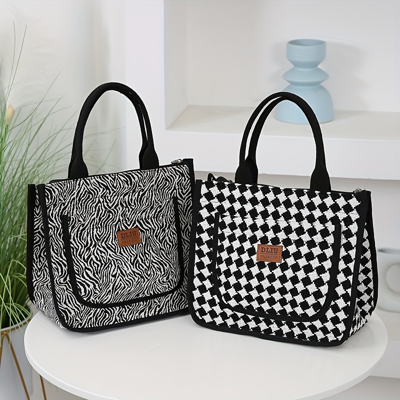 

Chic Nylon Satchel Bag With Zebra & Checkered Patterns - Commuter Tote With Front Pocket, Foldable Design, Ideal For Daily & Mommy