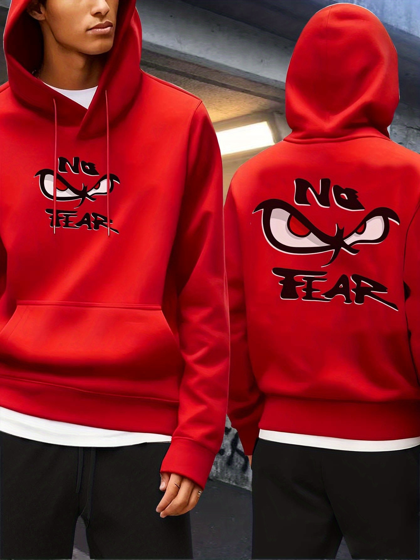 Verdikte herensweater met capuchon, gloeiende ogen en "Geen angst