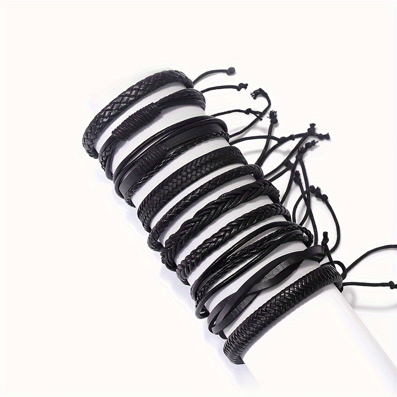 TEMU 10pcs Vintage Style Handmade Braided Black Pu Leather Bracelets Set For Men And Women, Adjustable Size, No Mosaic Material, Fashion Wristbands Jewelry Set