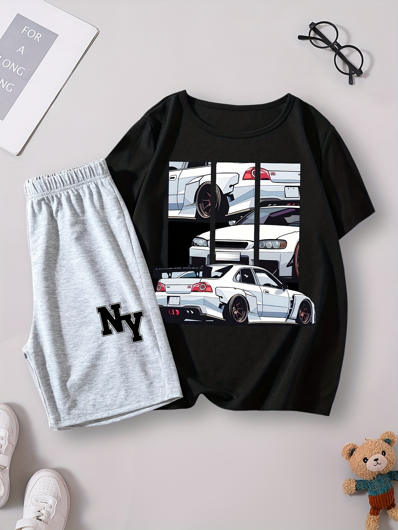 boys summer trendy cartoon car print t shirt solid color letter print loose shorts casual outfit set   outdoor