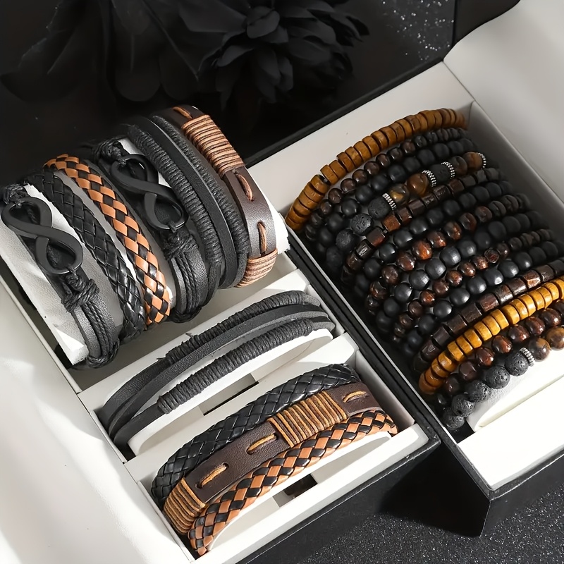 Image of 24pcs Men's Fashion Bangle Bangle Bracelet Set - Street Style Faux Leather And Wood Beads, Multi-functional Stackable Design For Casual Wear And Gifting (box Not Included)