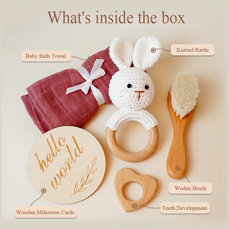 handmade     gift set   cotton bamboo bath towel wooden rabbit rattle natural wool brush hello world newborn photo prop ideal for baby shower 0 3 years old details 4