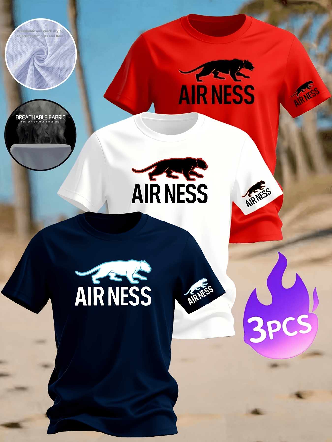 Lot de 3 T-shirts pour Homme Respirants à Imprimé Léopard Créatif, Style Basique Facile d'Entretien, T-shirt Confortable en à Col Rond pour Printemps/Été, Imprimé Graphique Léopard à la Mode et Tendance | Tenue Décontractée Confortable