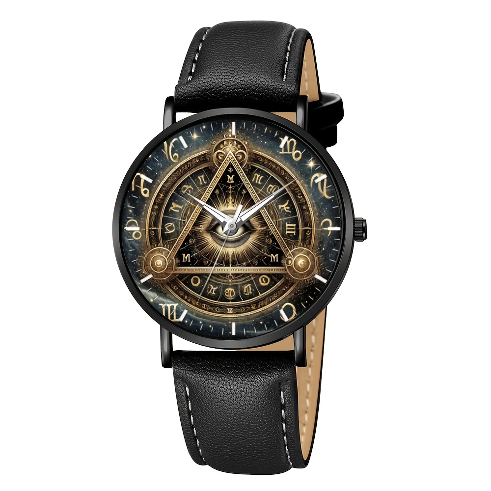TEMU New Retro Fashion Watch, Creative Dial With Zodiac Signs And All- , Commemorative , Stylish Synthetic Leather Strap